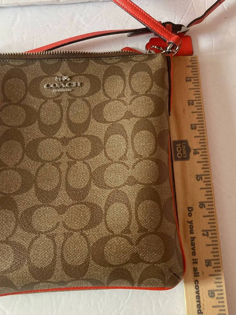 Coach Signature Khaki/Brown Crossbody with orange Trim.Coated Canvas like NEW
